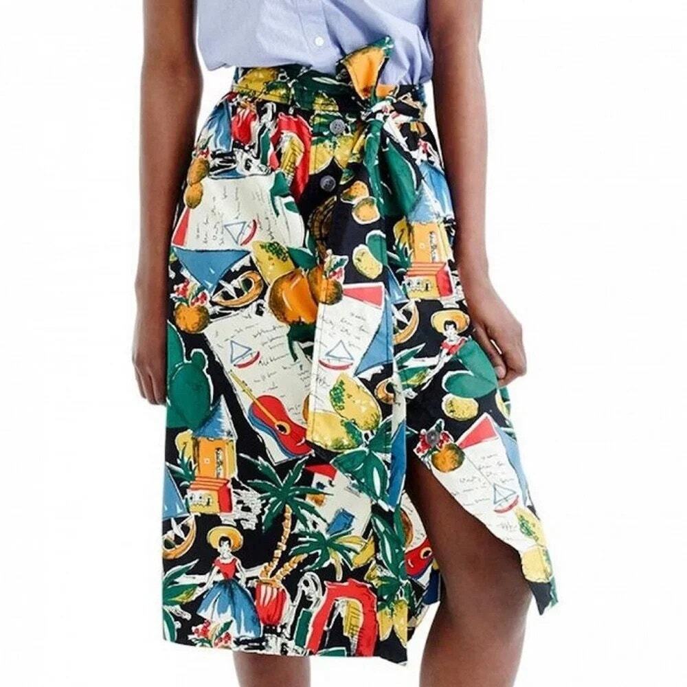 [J. Crew] Novelty Print Postcard Spain Fruit Button Front A-Line Midi Skirt Sz 0